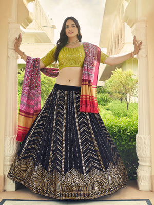 Rajwada Women Festive Designer Navy Blue Semi Stitched Lehenga With Unstitched Blouse