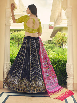 Rajwada Women Festive Designer Navy Blue Semi Stitched Lehenga With Unstitched Blouse