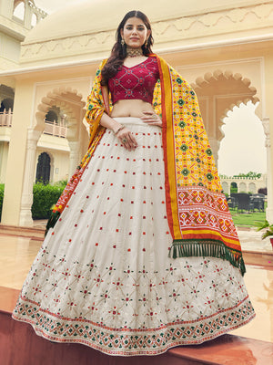 Rajwada Women White Semi Stitched Lehenga With  Unstitched Blouse
