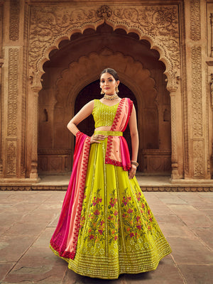 Rajwada Women Lime Embroidered Festive Semi Stitched Lehenga With  Unstitched Blouse