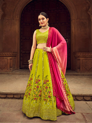 Rajwada Women Lime Embroidered Festive Semi Stitched Lehenga With  Unstitched Blouse