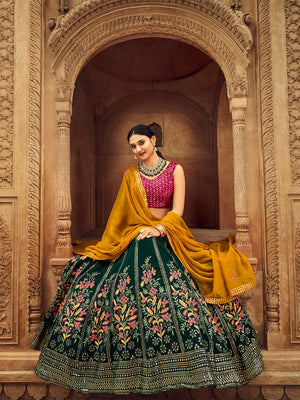Rajwada Women Dark Green Embroidered Festive Semi Stitched Lehenga With  Unstitched Blouse