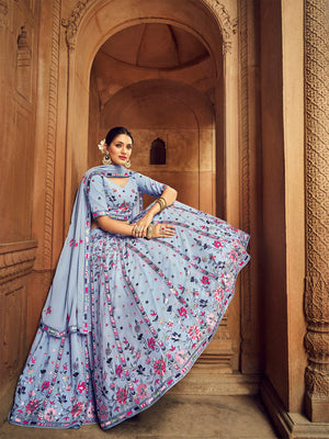 Rajwada Women Sky Blue Embroidered Festive Semi Stitched Lehenga With  Unstitched Blouse