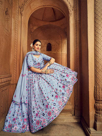 Rajwada Women Sky Blue Embroidered Festive Semi Stitched Lehenga With  Unstitched Blouse