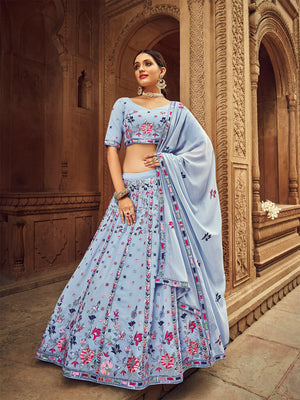 Rajwada Women Sky Blue Embroidered Festive Semi Stitched Lehenga With  Unstitched Blouse