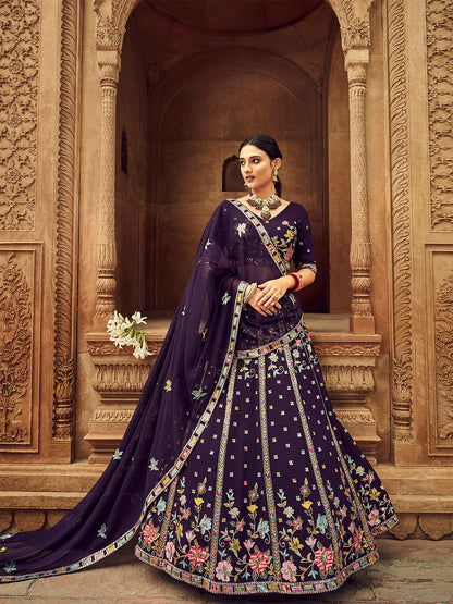Rajwada Women Purple Embroidered Festive Semi Stitched Lehenga With  Unstitched Blouse