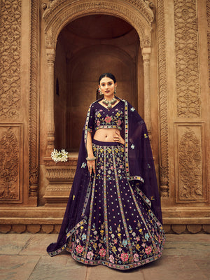 Rajwada Women Purple Embroidered Festive Semi Stitched Lehenga With  Unstitched Blouse