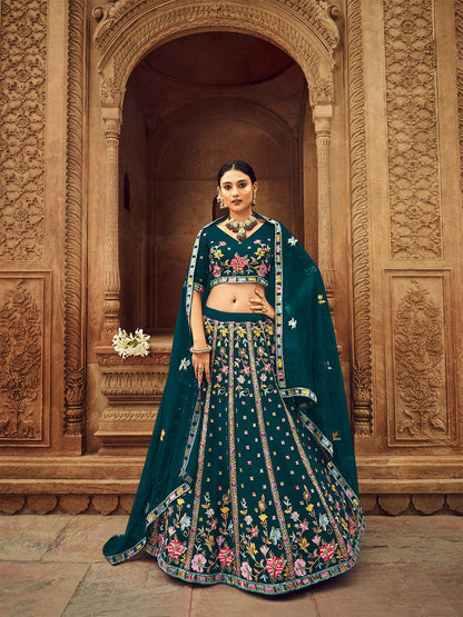 Rajwada Women Teal Embroidered Festive Semi Stitched Lehenga With  Unstitched Blouse
