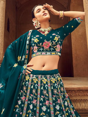 Rajwada Women Teal Embroidered Festive Semi Stitched Lehenga With  Unstitched Blouse
