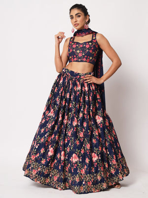 Rajwada Women Elegant Navy Blue Art Silk Semi-Stitched Lehenga Choli