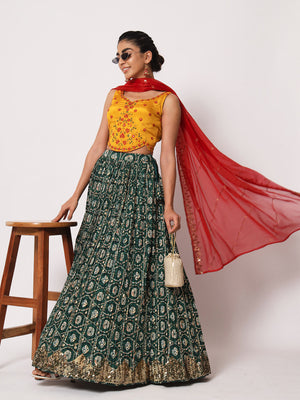 Rajwada Women Elegant Green Art Silk Semi-Stitched Lehenga Choli