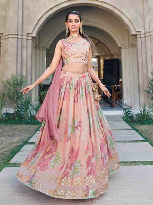 Rajwada Women Pink Georgette Embroidered Semi Stitched Lehenga With Unstitched Blouse