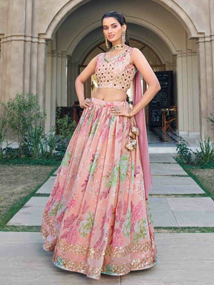 Rajwada Women Pink Georgette Embroidered Semi Stitched Lehenga With Unstitched Blouse
