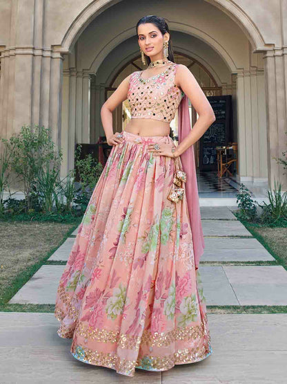 Rajwada Women Pink Georgette Embroidered Semi Stitched Lehenga With Unstitched Blouse