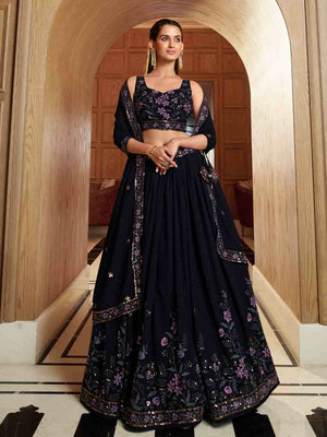 Rajwada Women Navy Blue Georgette Embroidered Semi Stitched Lehenga With Unstitched Blouse