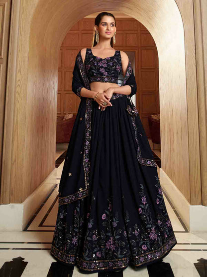 Rajwada Women Navy Blue Georgette Embroidered Semi Stitched Lehenga With Unstitched Blouse