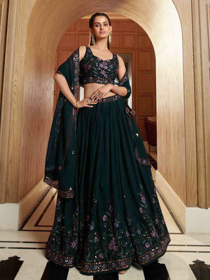 Rajwada Women Dark Green Georgette Embroidered Semi Stitched Lehenga With Unstitched Blouse