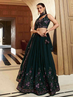 Rajwada Women Dark Green Georgette Embroidered Semi Stitched Lehenga With Unstitched Blouse