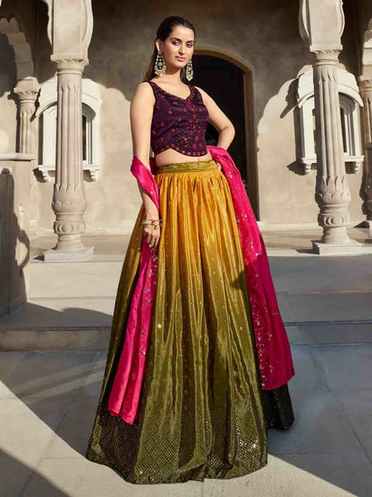 Rajwada Women Multicolor Georgette Embroidered Semi Stitched Lehenga With Unstitched Blouse