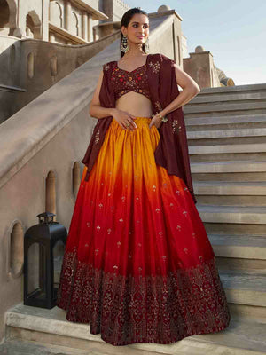 Rajwada Women Multicolor Georgette Embroidered Semi Stitched Lehenga With Unstitched Blouse