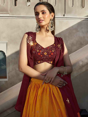 Rajwada Women Multicolor Georgette Embroidered Semi Stitched Lehenga With Unstitched Blouse