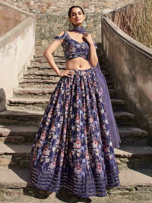 Rajwada Women Blue Georgette Embroidered Semi Stitched Lehenga With Unstitched Blouse