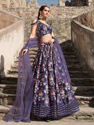 Rajwada Women Blue Georgette Embroidered Semi Stitched Lehenga With Unstitched Blouse