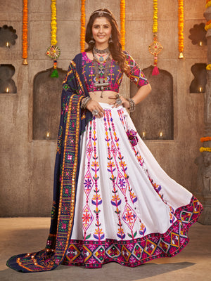 White Viscose Rayon Embroidered Semi Stitched Lehenga Choli