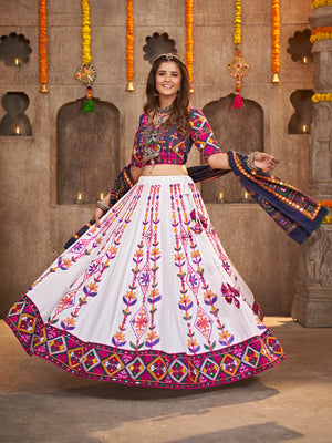 White Viscose Rayon Embroidered Semi Stitched Lehenga Choli