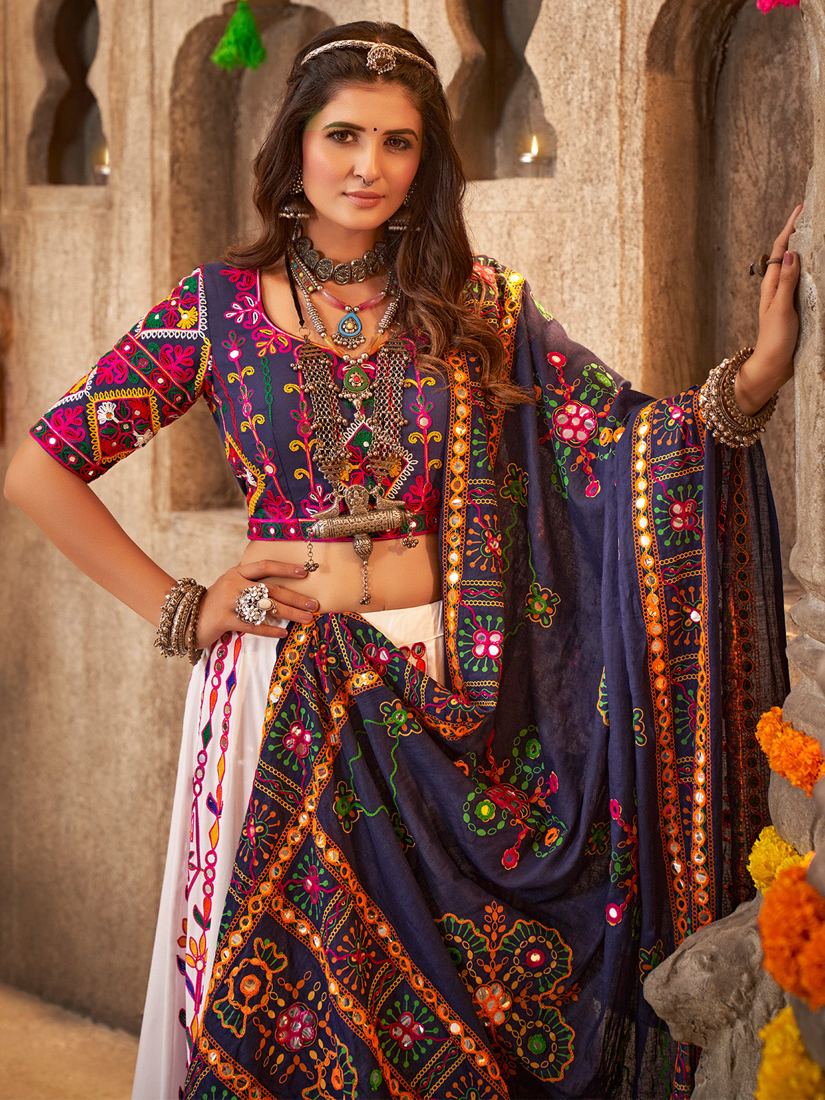 White Viscose Rayon Embroidered Semi Stitched Lehenga Choli