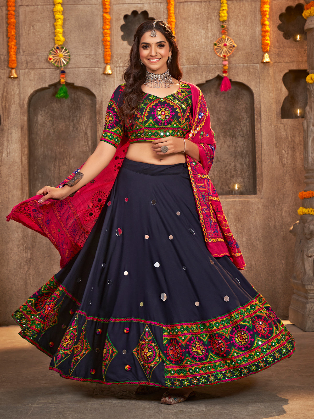 Blue Viscose Rayon Embroidered Semi Stitched Lehenga Choli