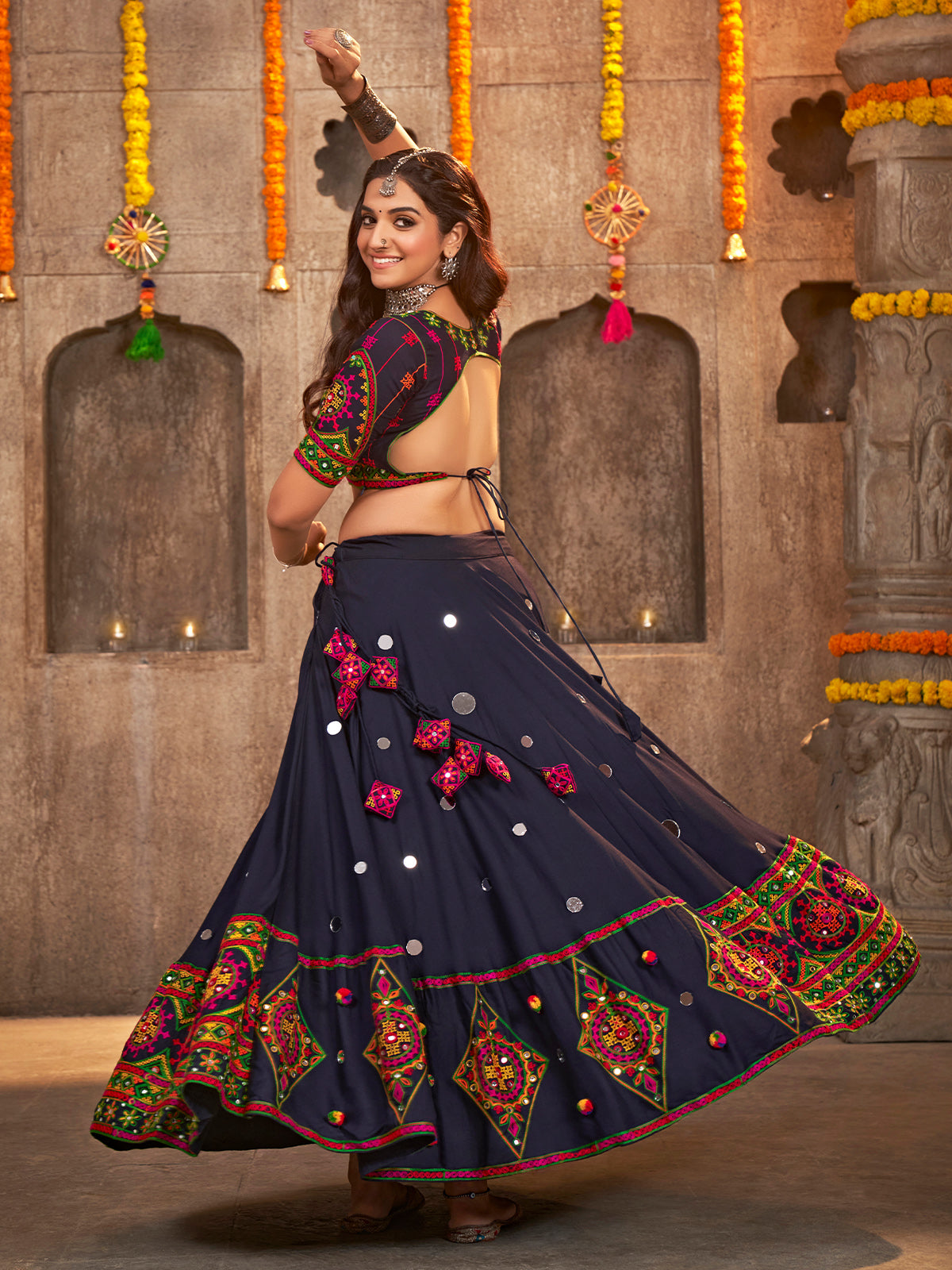 Blue Viscose Rayon Embroidered Semi Stitched Lehenga Choli