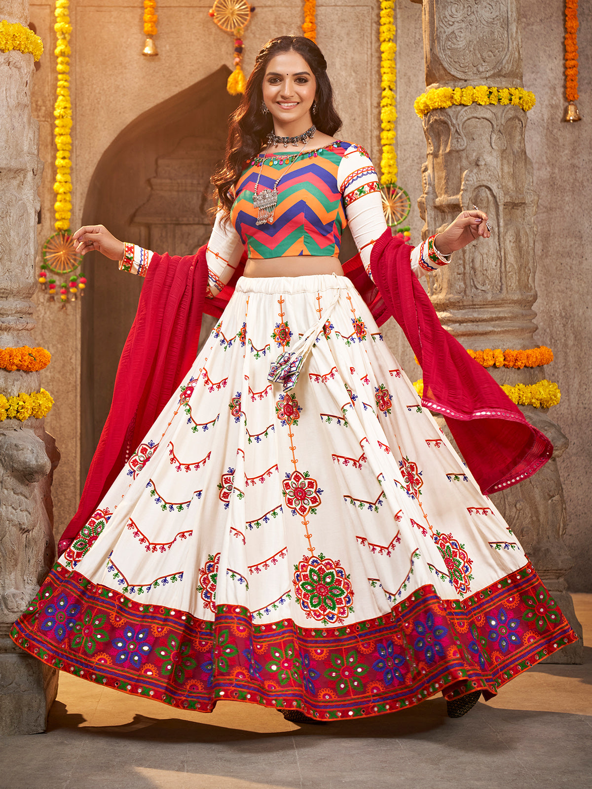 Off White Viscose Rayon Embroidered Semi Stitched Lehenga Choli