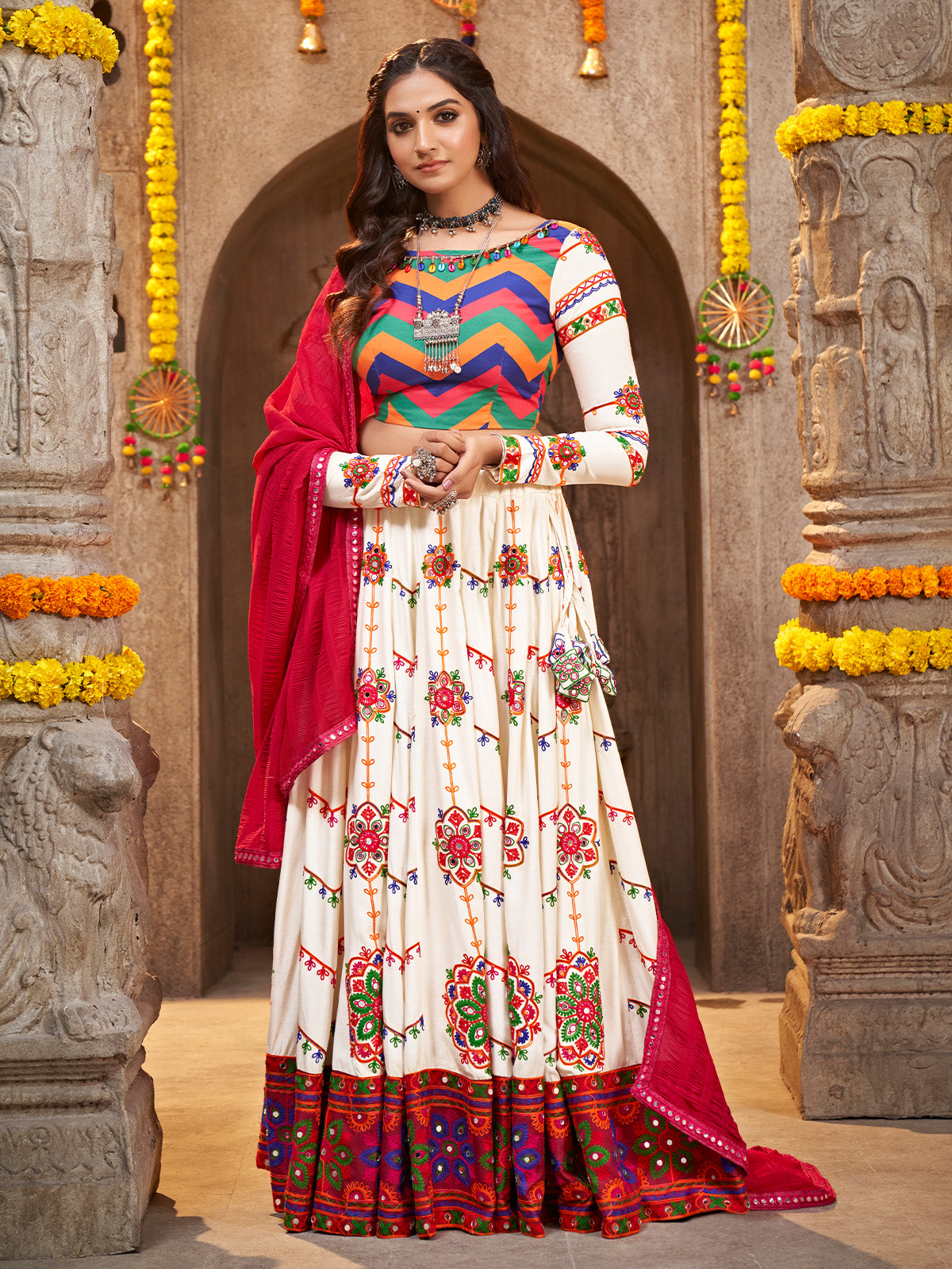 Off White Viscose Rayon Embroidered Semi Stitched Lehenga Choli