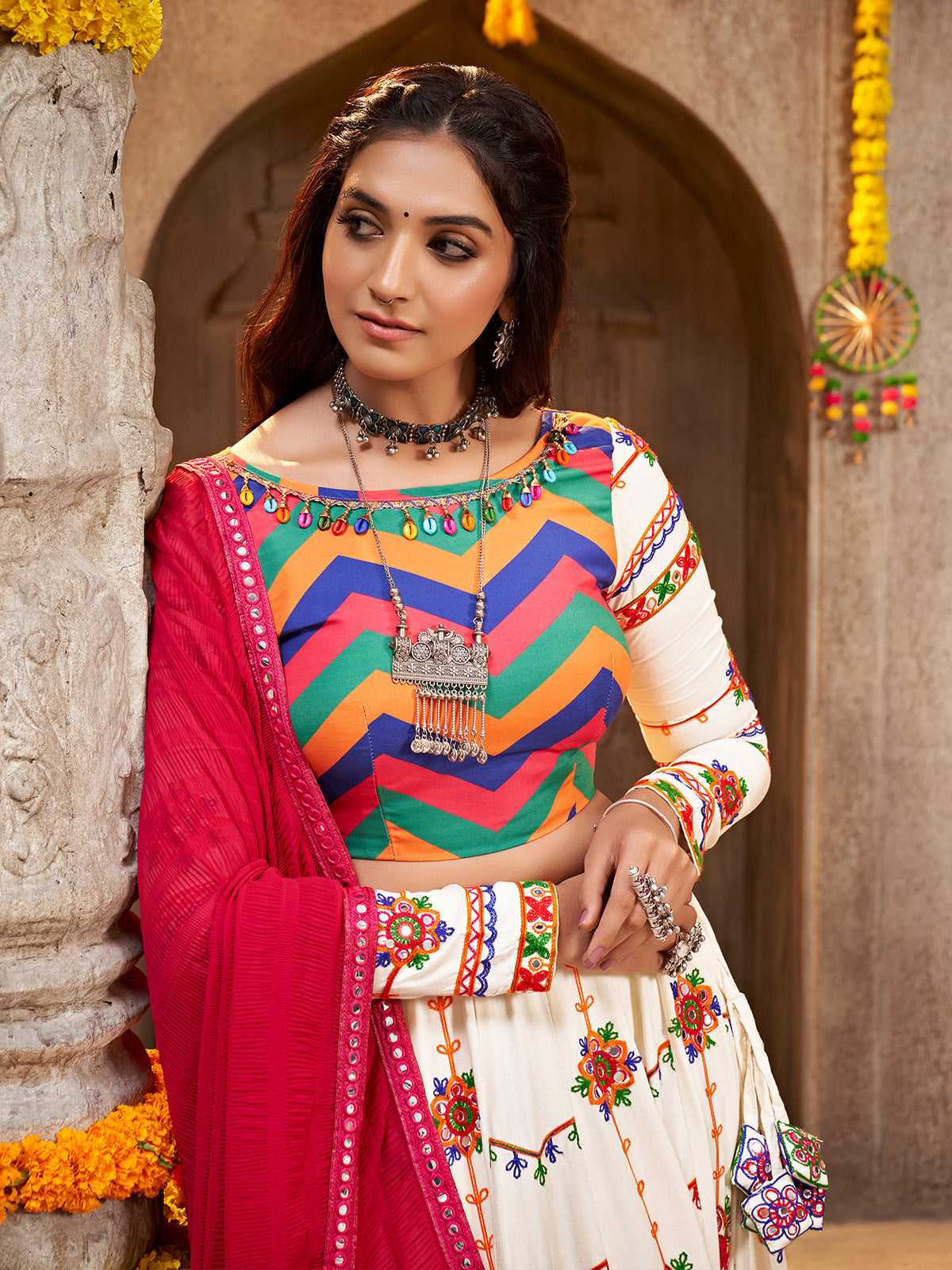 Off White Viscose Rayon Embroidered Semi Stitched Lehenga Choli