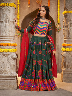 Green Viscose Rayon Embroidered Semi Stitched Lehenga Choli
