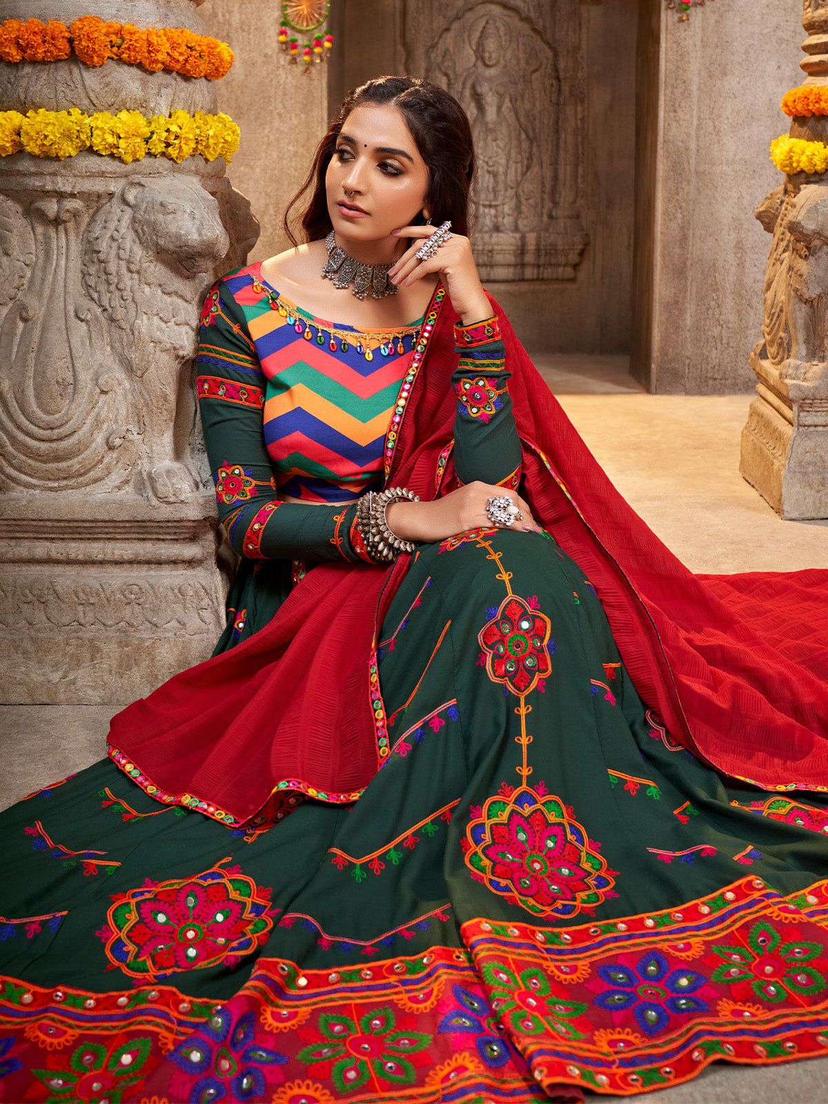 Green Viscose Rayon Embroidered Semi Stitched Lehenga Choli