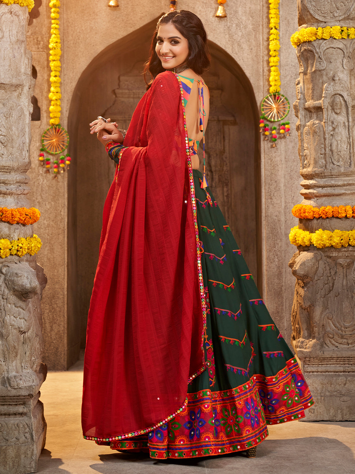 Green Viscose Rayon Embroidered Semi Stitched Lehenga Choli