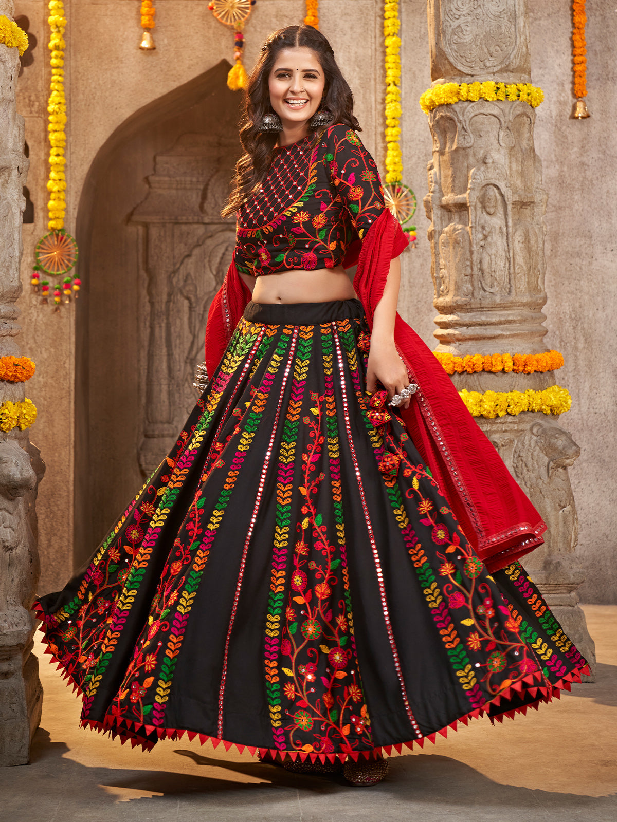 Black Viscose Rayon Embroidered Semi Stitched Lehenga Choli