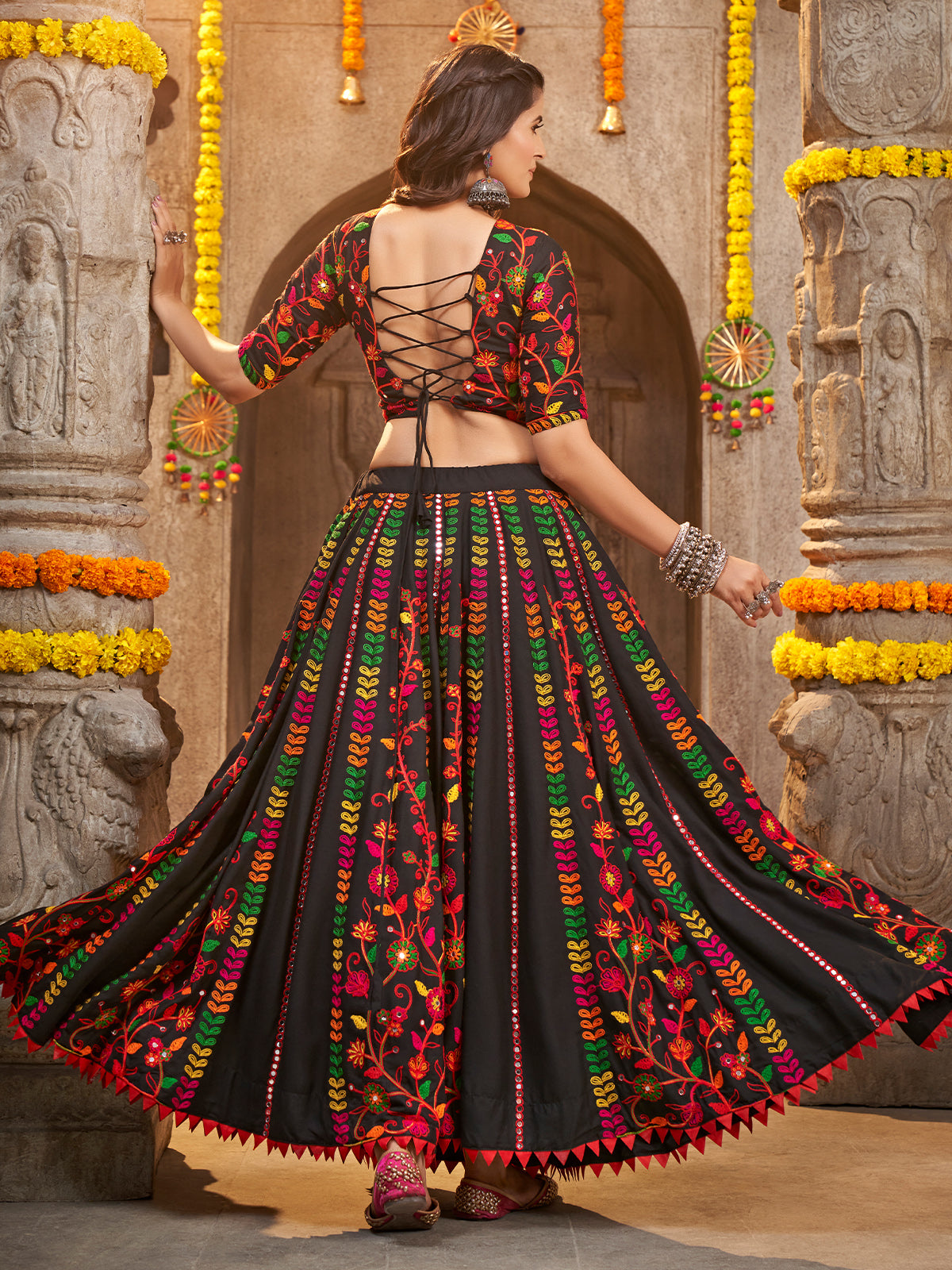 Black Viscose Rayon Embroidered Semi Stitched Lehenga Choli