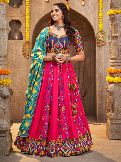 Pink Viscose Rayon Embroidered Semi Stitched Lehenga Choli