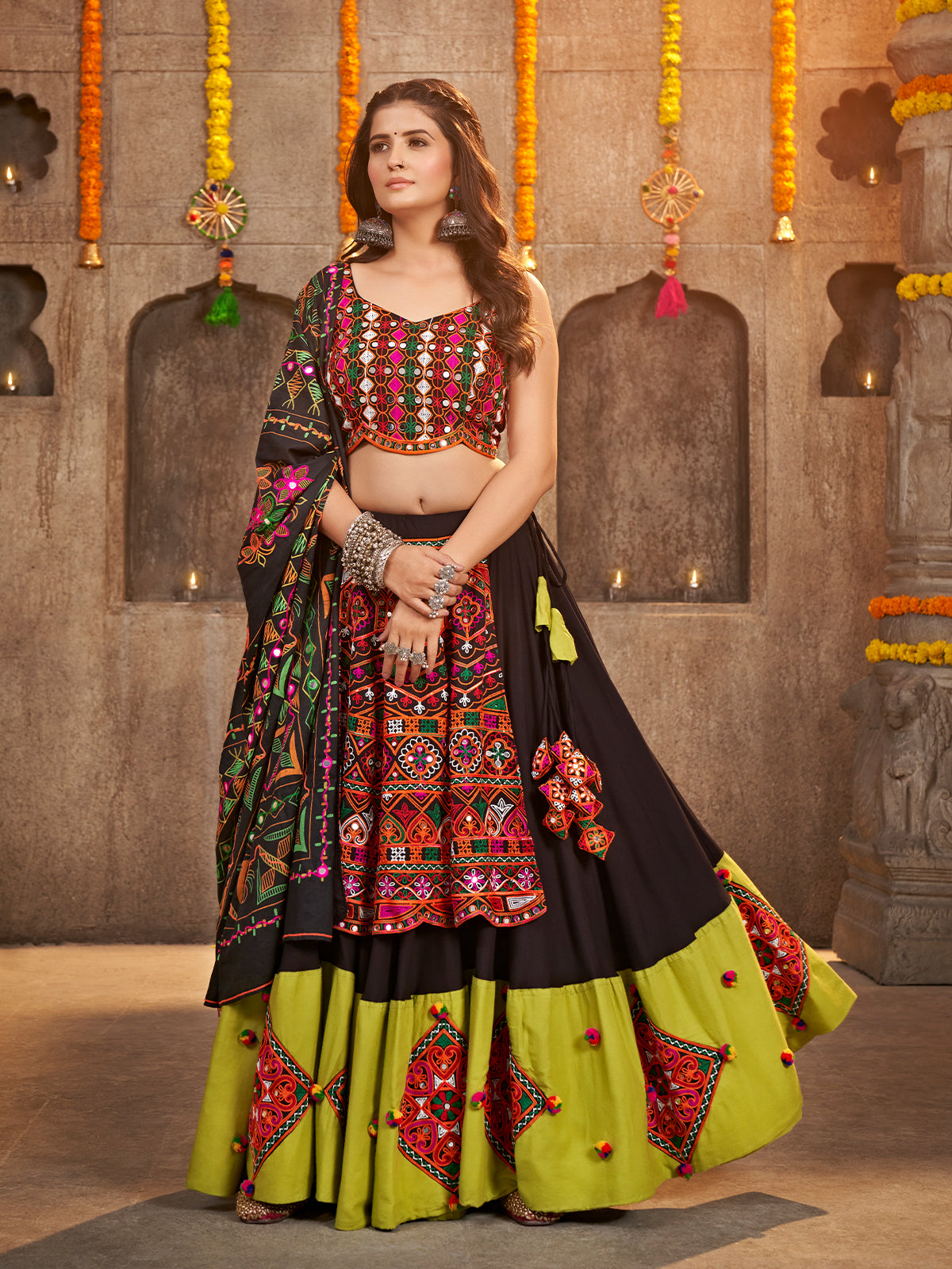Black Viscose Rayon Embroidered Semi Stitched Lehenga Choli
