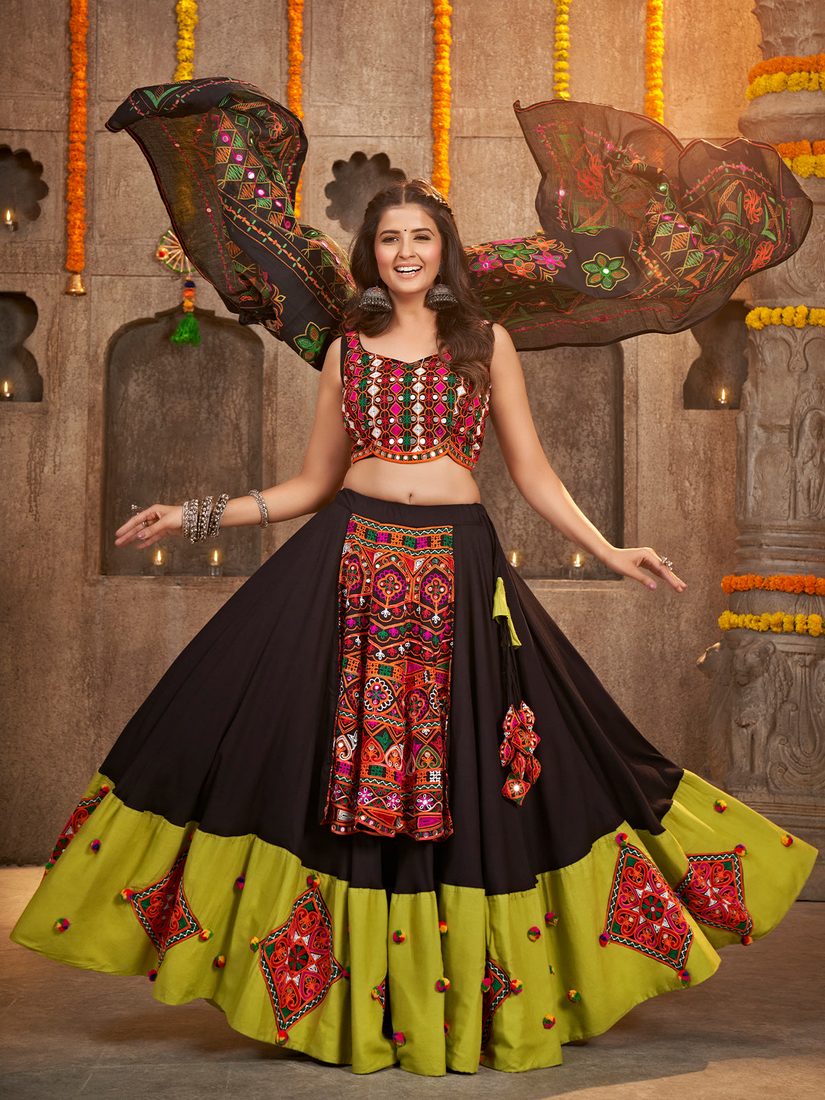 Black Viscose Rayon Embroidered Semi Stitched Lehenga Choli