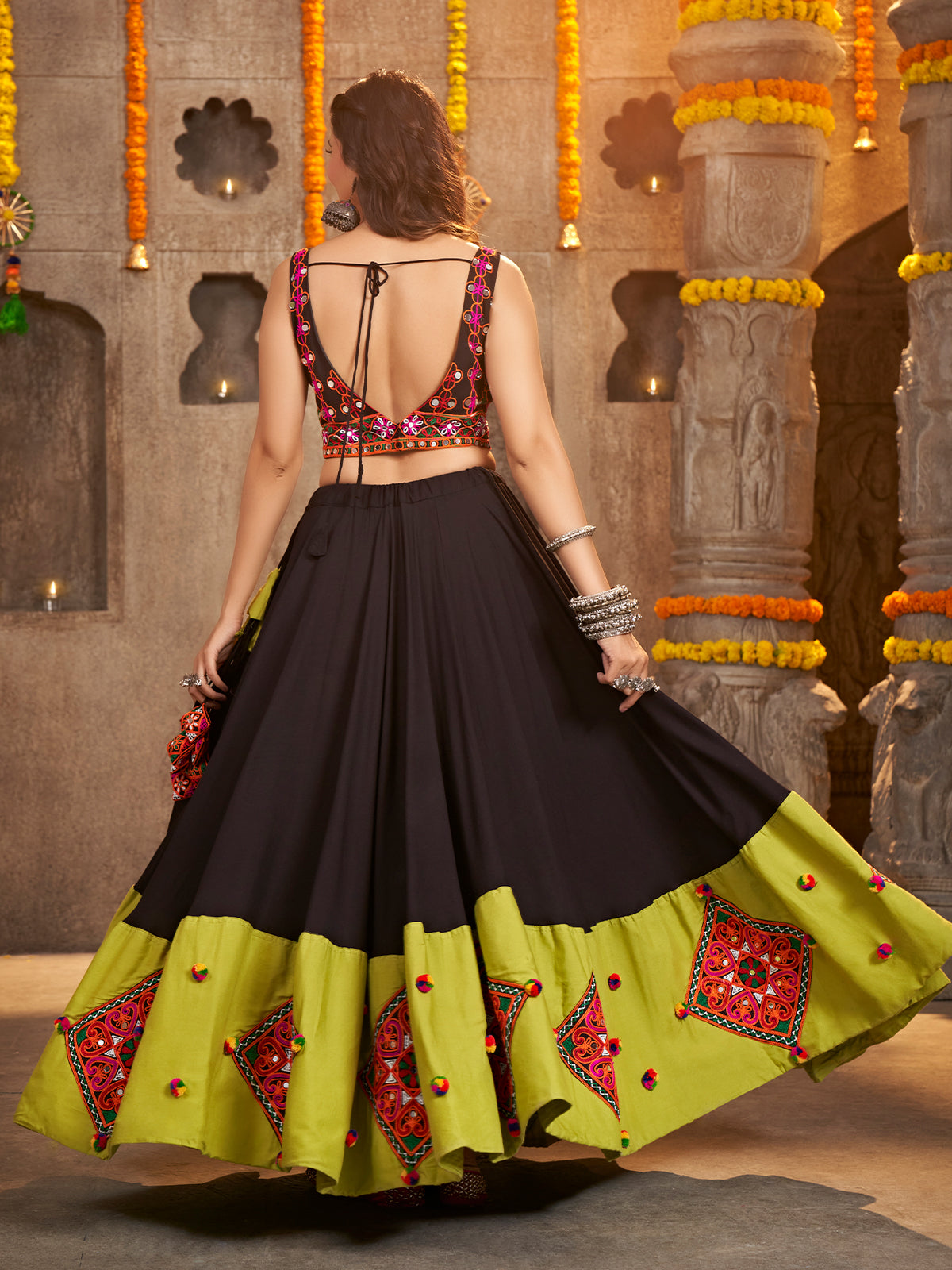 Black Viscose Rayon Embroidered Semi Stitched Lehenga Choli