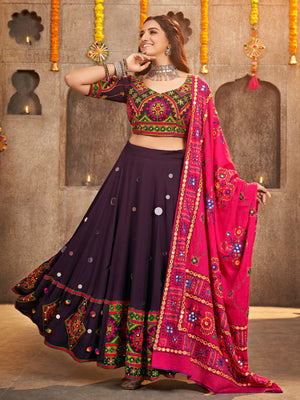 Purple Viscose Rayon Embroidered Semi Stitched Lehenga Choli
