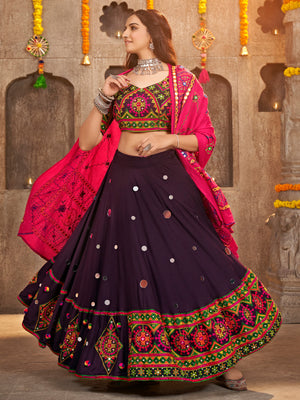 Purple Viscose Rayon Embroidered Semi Stitched Lehenga Choli