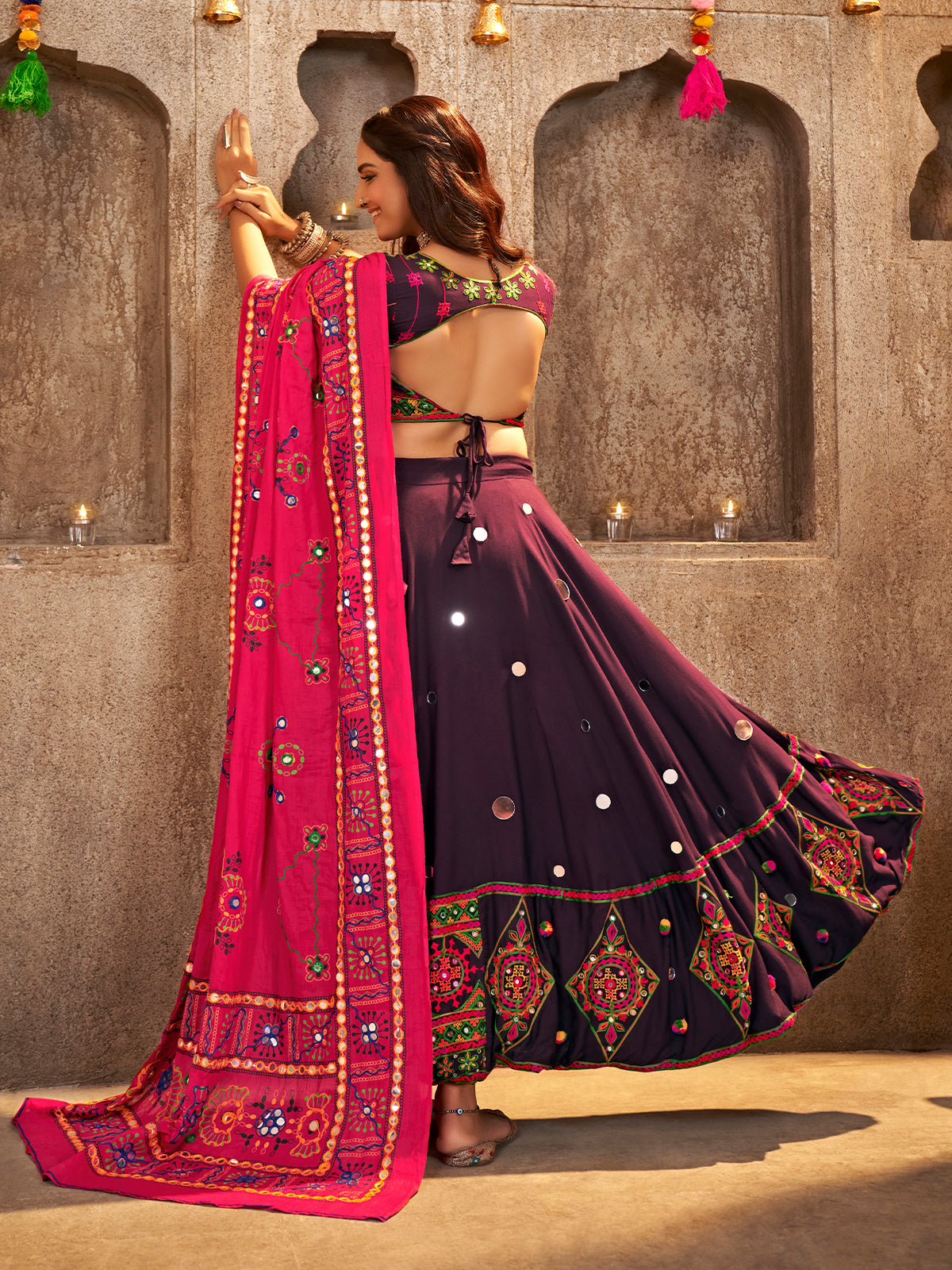 Purple Viscose Rayon Embroidered Semi Stitched Lehenga Choli