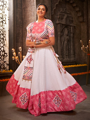 White And Pink Jacquard Cotton Embroidered Semi Stitched Lehenga Choli