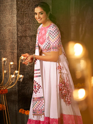 White And Pink Jacquard Cotton Embroidered Semi Stitched Lehenga Choli