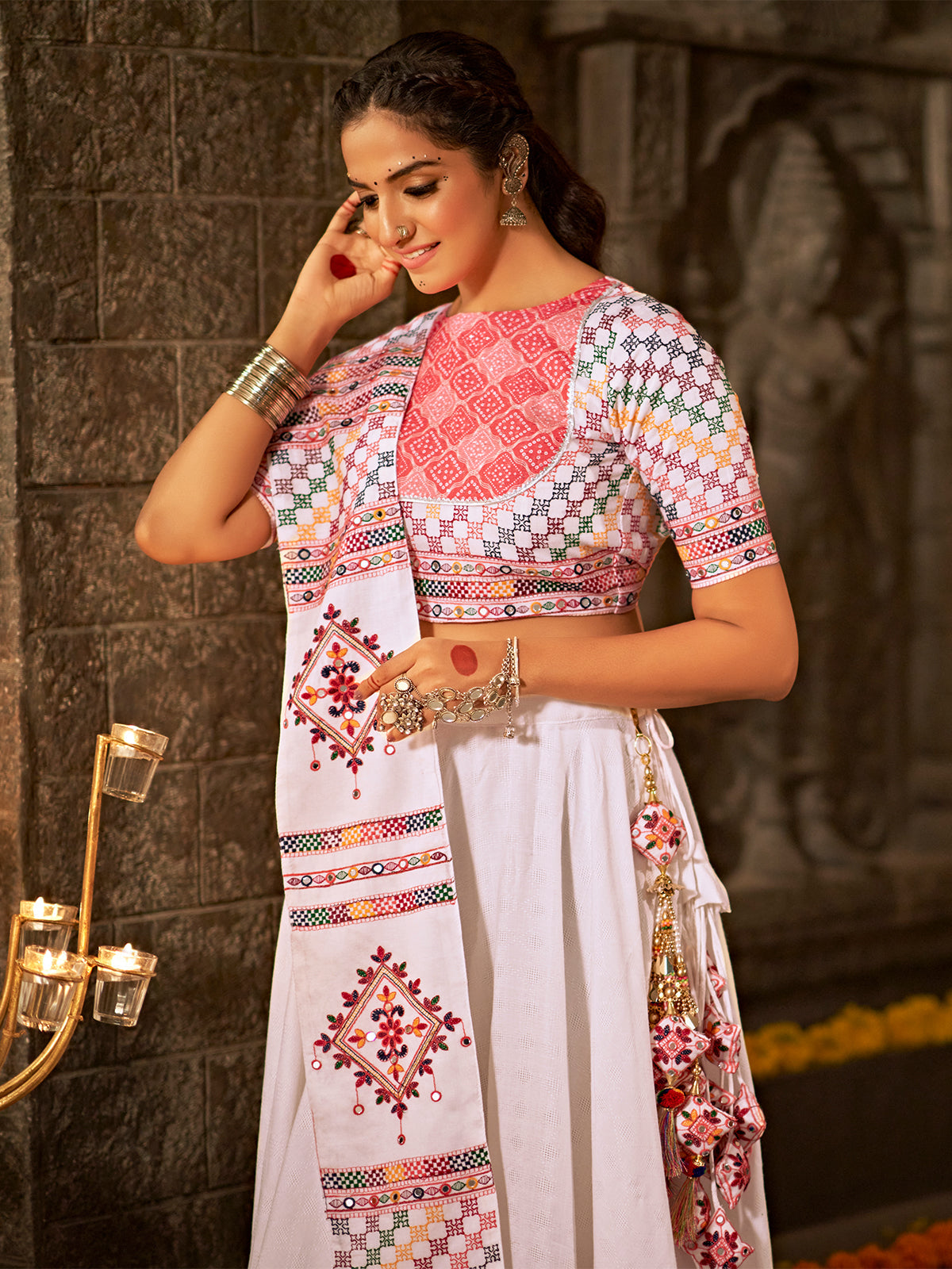 White And Pink Jacquard Cotton Embroidered Semi Stitched Lehenga Choli